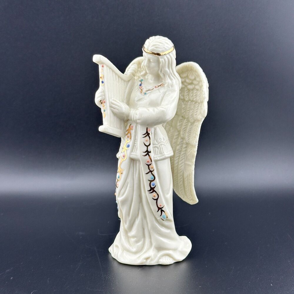Vintage White Porcelain Angel w Harp Figurine Gilded Gold Accents 5.5" H  READ!